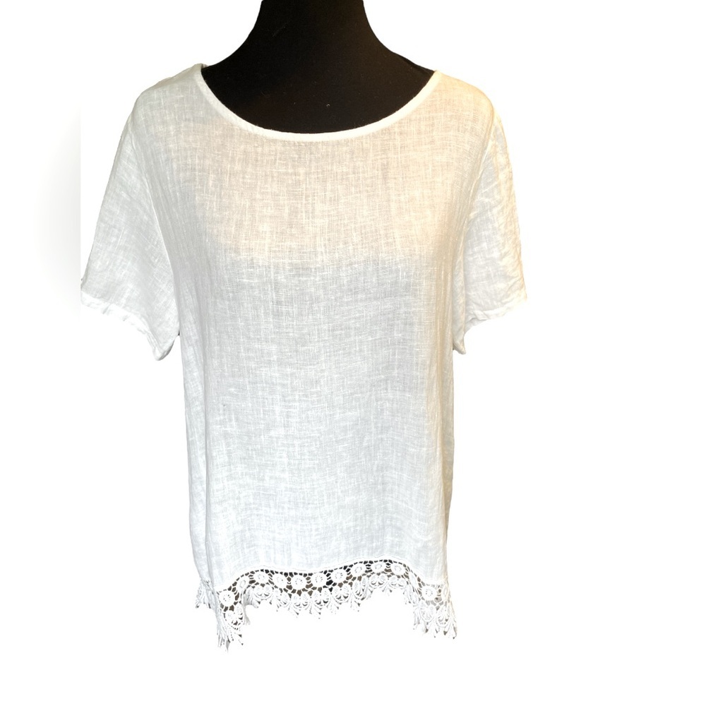 Terzo Millennio White Linen Top With Crocheted Lace Hem, Size Large, Bohochic